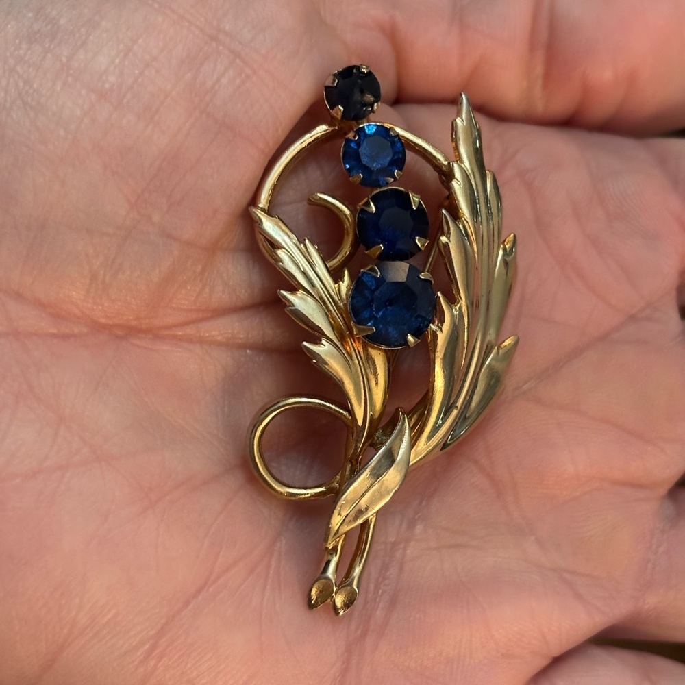 Vintage royal blue cobalt Rhinestone floral spray brooch